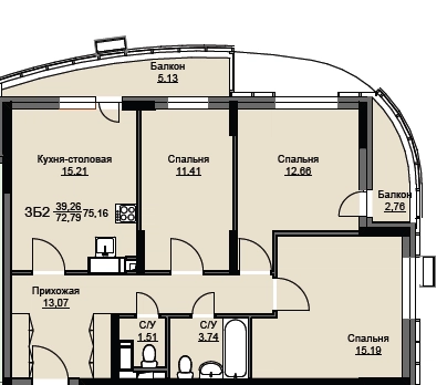 3-комнатная квартира 74.3 м² Соболевка