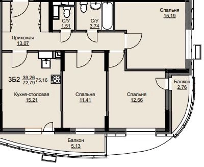 3-комнатная квартира 74.7 м² Соболевка