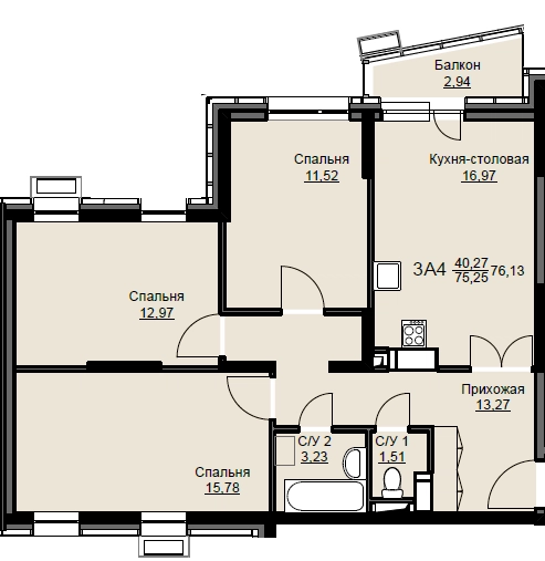 3-комнатная квартира 76.7 м² Соболевка