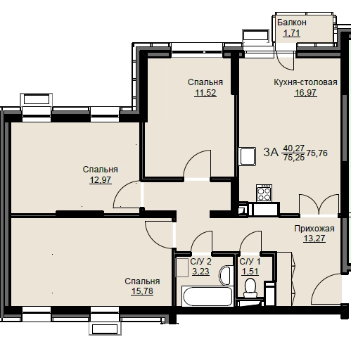 3-комнатная квартира 76.2 м² Соболевка