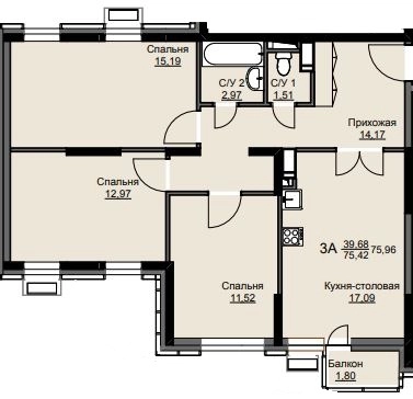 3-комнатная квартира 76.8 м² Соболевка