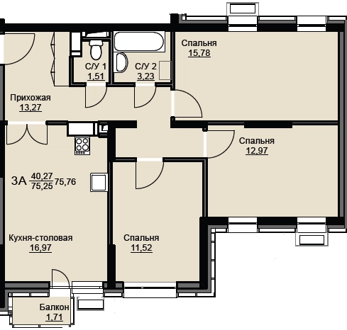 3-комнатная квартира 76.5 м² Соболевка