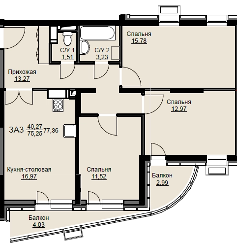 3-комнатная квартира 77.3 м² Соболевка