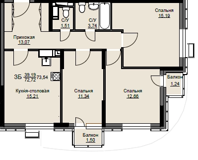 3-комнатная квартира 73.8 м² Соболевка