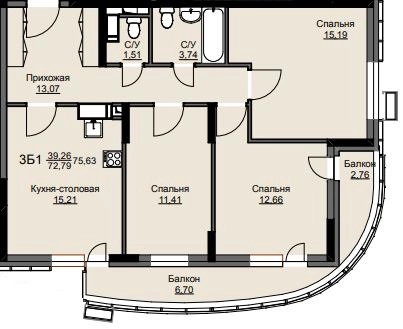 3-комнатная квартира 75.2 м² Соболевка