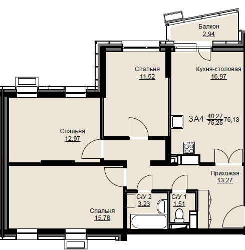 3-комнатная квартира 76.8 м² Соболевка
