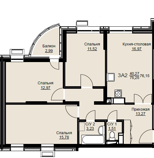 3-комнатная квартира 75.8 м² Соболевка