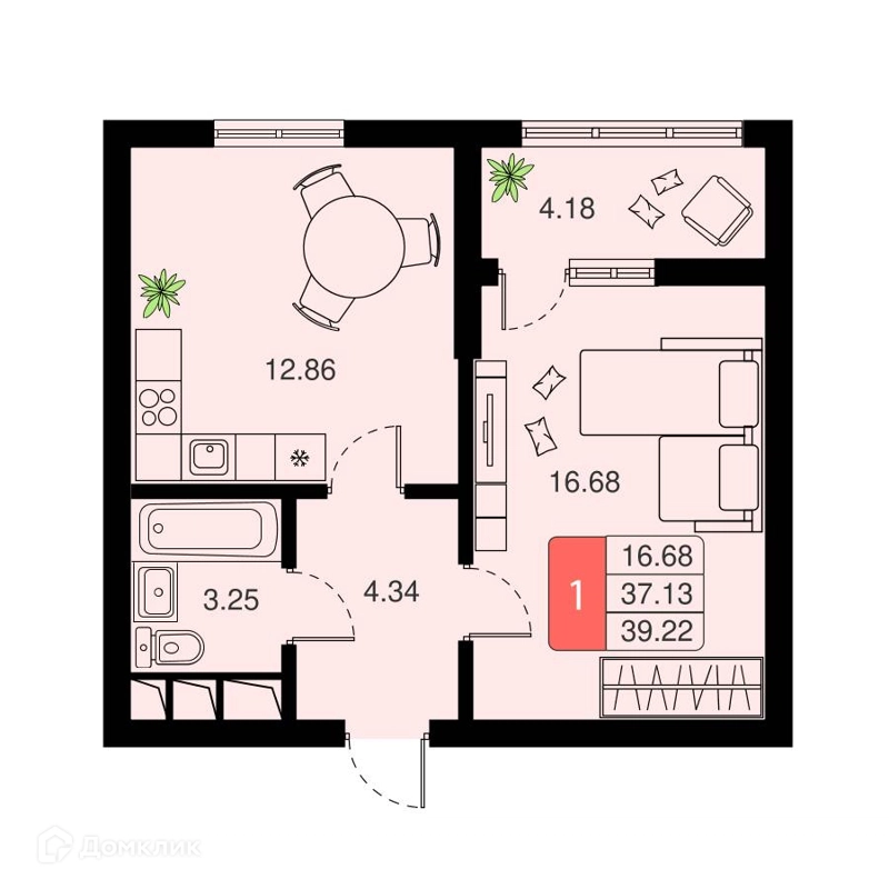 1-комнатная квартира 39.22 м² Химки Тайм