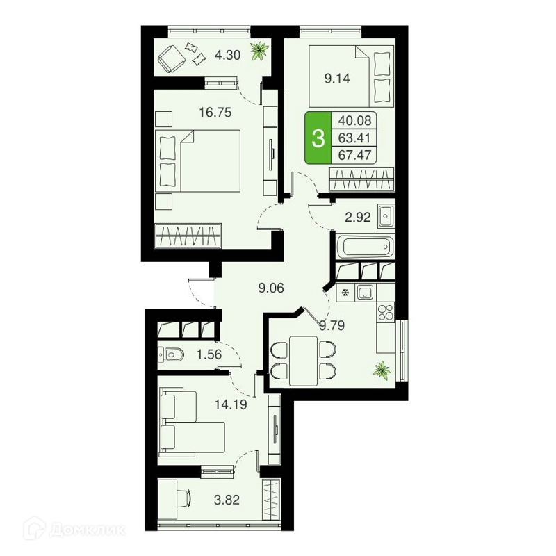 3-комнатная квартира 67.47 м² Химки Тайм
