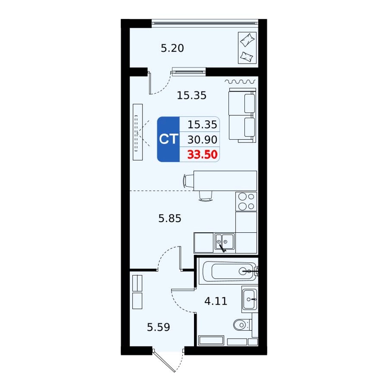 Студия 33.1 м² Домодедово Парк