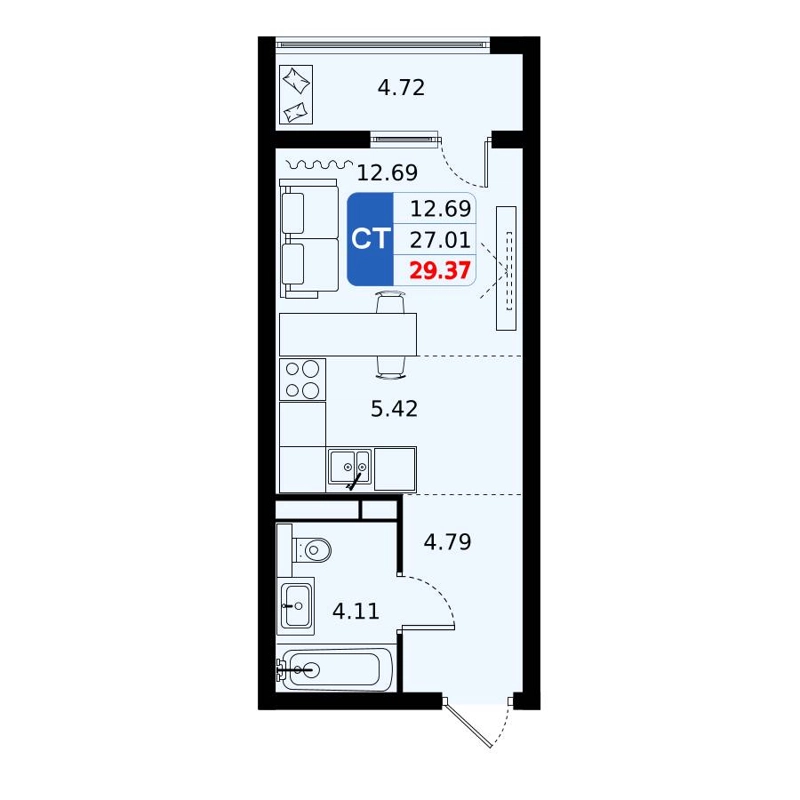Студия 28.9 м² Домодедово Парк
