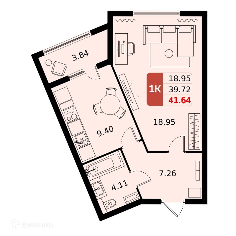 1-комнатная квартира 41.4 м² Домодедово Парк