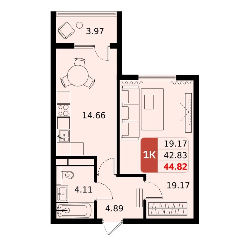 1-комнатная квартира 44.5 м² Домодедово Парк