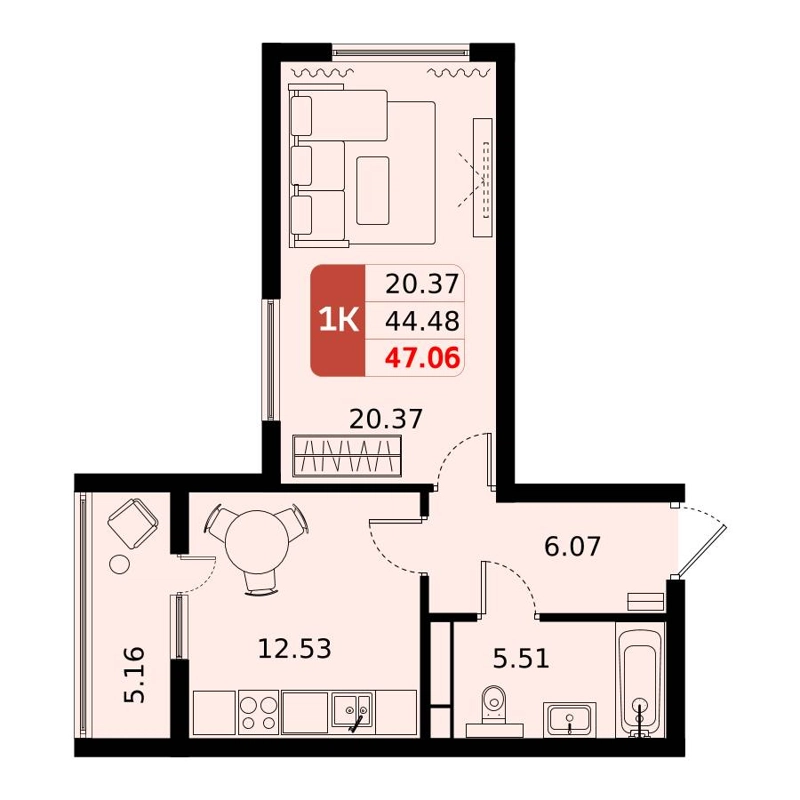 1-комнатная квартира 46.3 м² Домодедово Парк