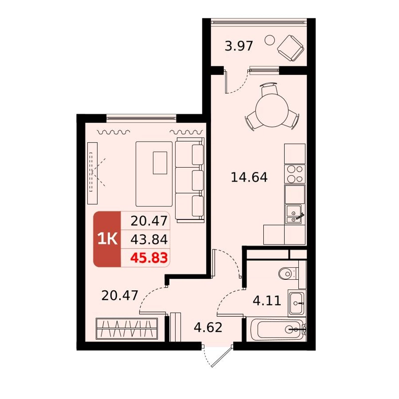 1-комнатная квартира 45.6 м² Домодедово Парк
