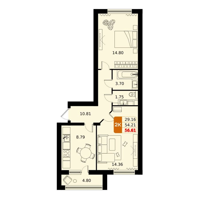 2-комнатная квартира 56.4 м² Домодедово Парк