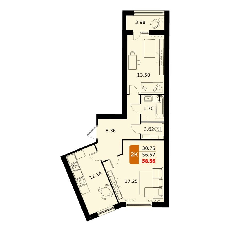 2-комнатная квартира 58.4 м² Домодедово Парк