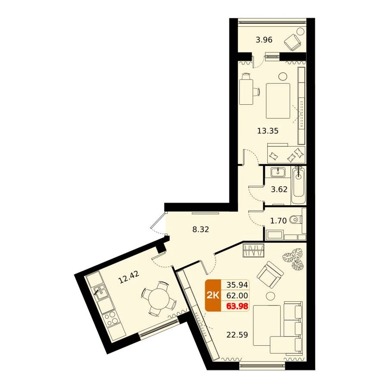 2-комнатная квартира 64 м² Домодедово Парк