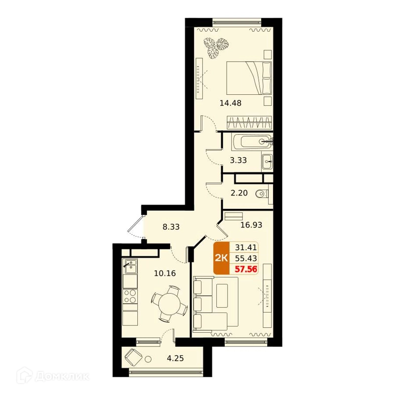 2-комнатная квартира 57.5 м² Домодедово Парк