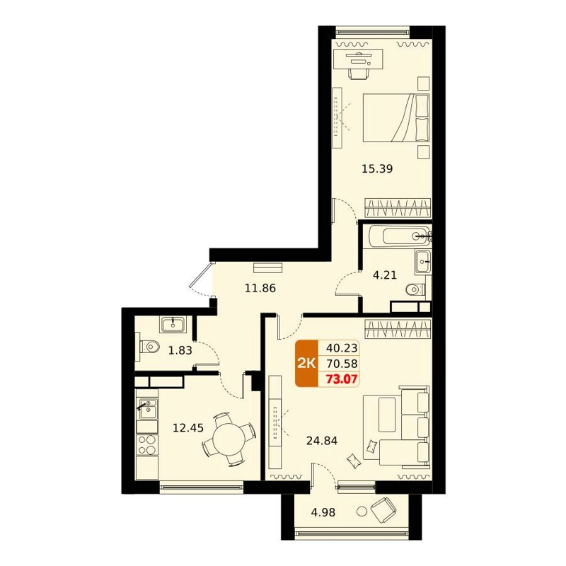 2-комнатная квартира 72.4 м² Домодедово Парк