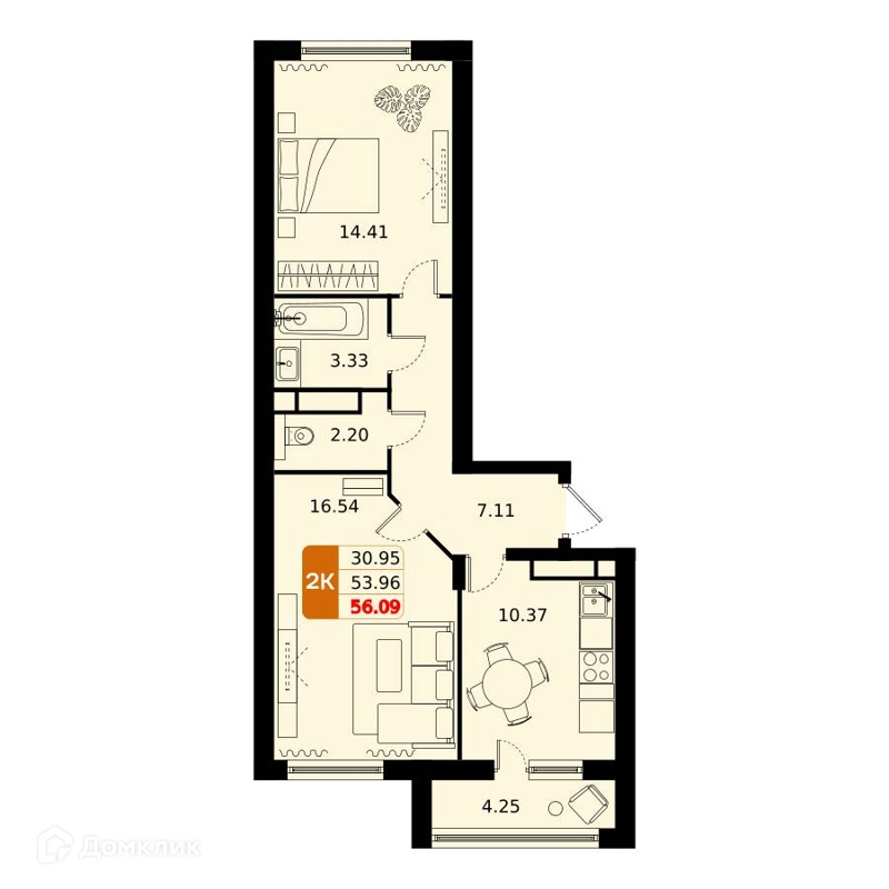 2-комнатная квартира 56 м² Домодедово Парк