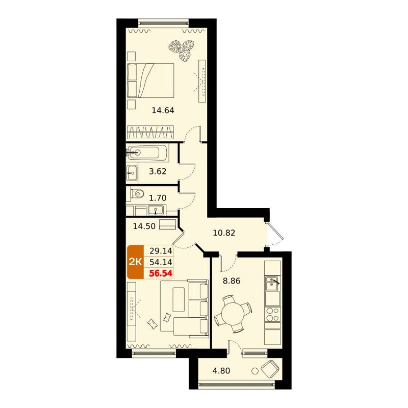 2-комнатная квартира 56.2 м² Домодедово Парк
