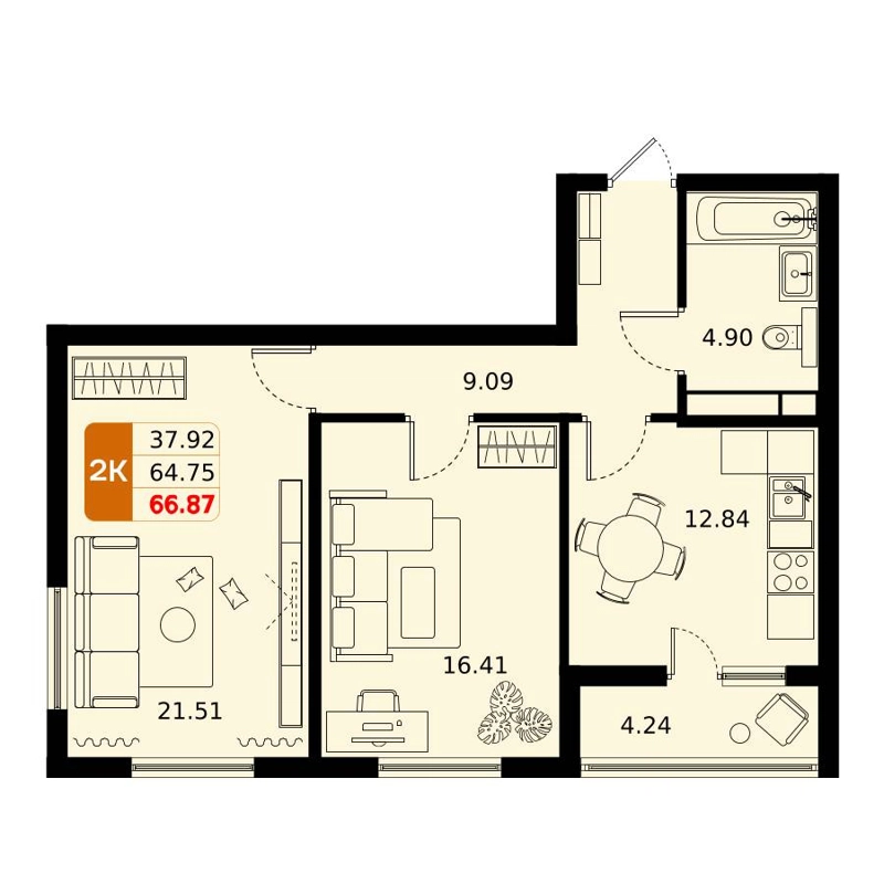 2-комнатная квартира 66.6 м² Домодедово Парк