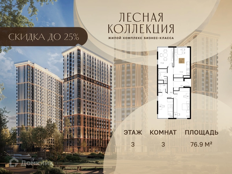 3-комнатная квартира 76.9 м² Лесная Коллекция