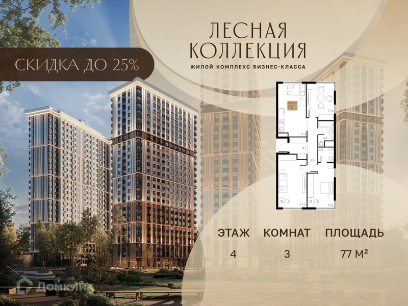 3-комнатная квартира 77 м² Лесная Коллекция