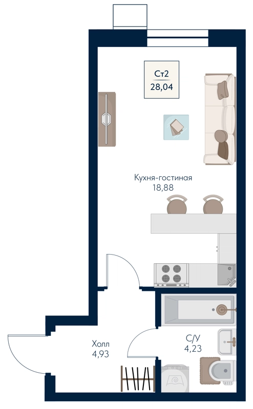 Студия 28.04 м² Бархат