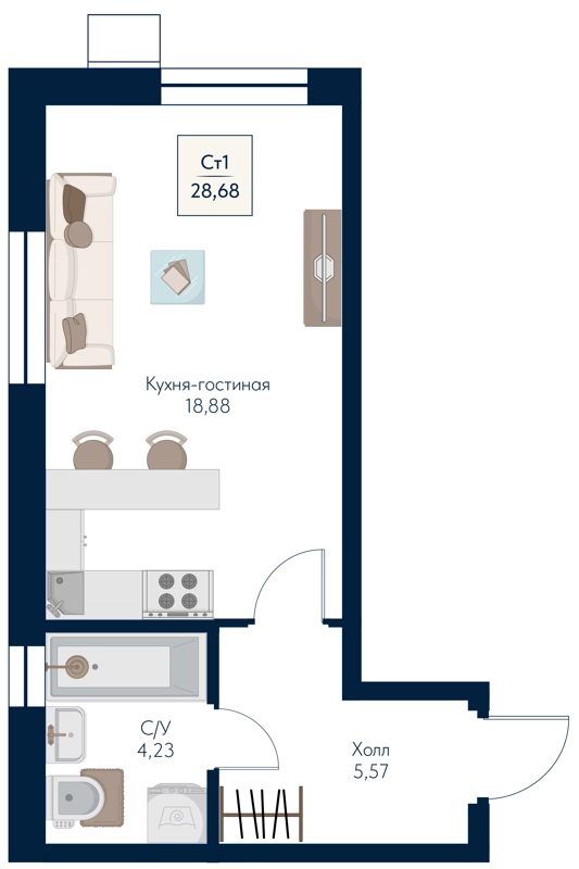 Студия 28.68 м² Бархат