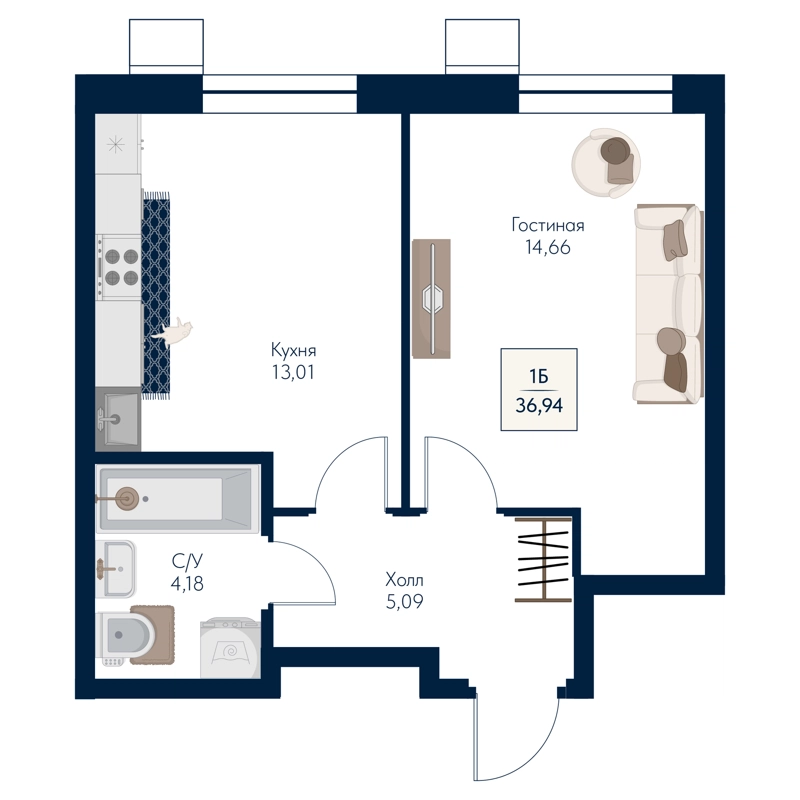 1-комнатная квартира 36.94 м² Бархат