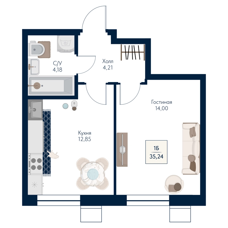 1-комнатная квартира 35.24 м² Бархат