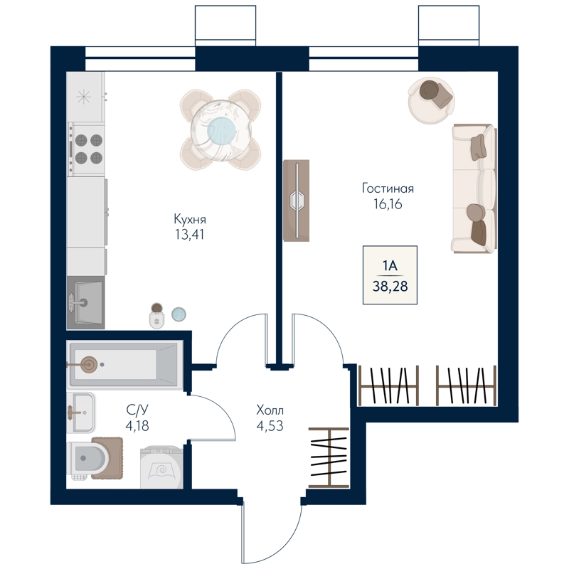 1-комнатная квартира 38.28 м² Бархат