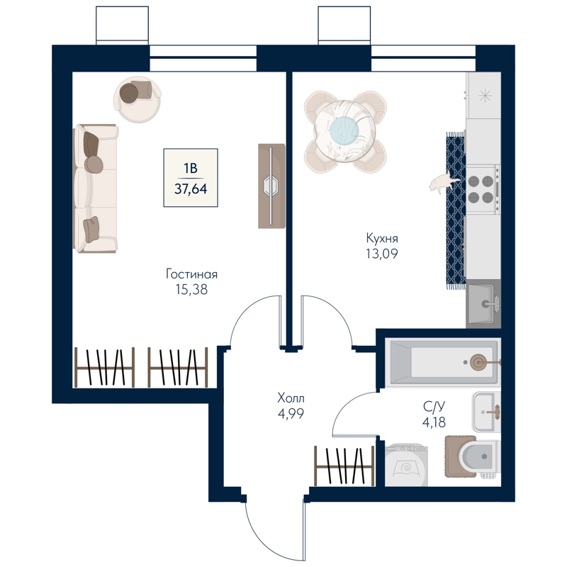 1-комнатная квартира 37.64 м² Бархат