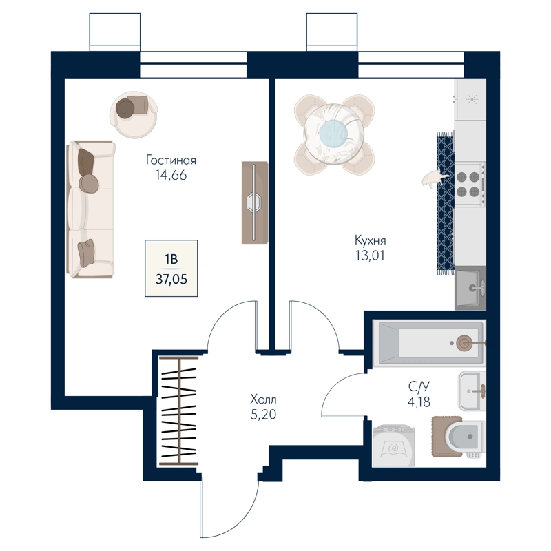 1-комнатная квартира 37.05 м² Бархат