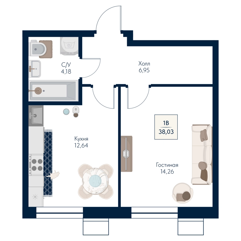 1-комнатная квартира 38.03 м² Бархат