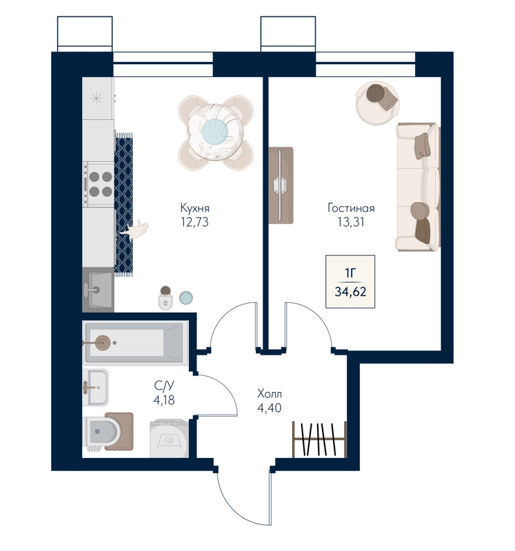 1-комнатная квартира 34.62 м² Бархат