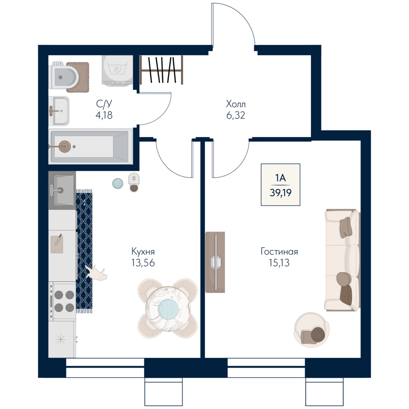 1-комнатная квартира 39.19 м² Бархат