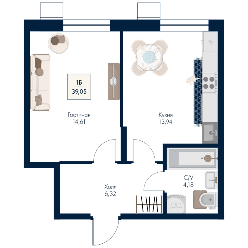 1-комнатная квартира 39.05 м² Бархат