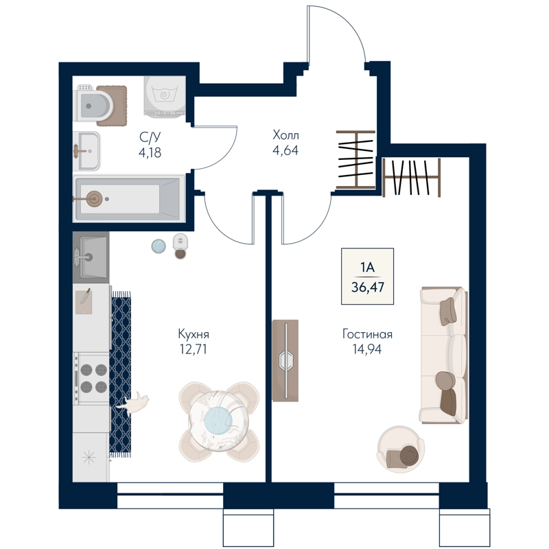 1-комнатная квартира 36.47 м² Бархат