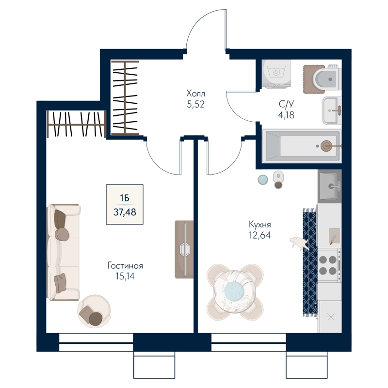 1-комнатная квартира 37.48 м² Бархат