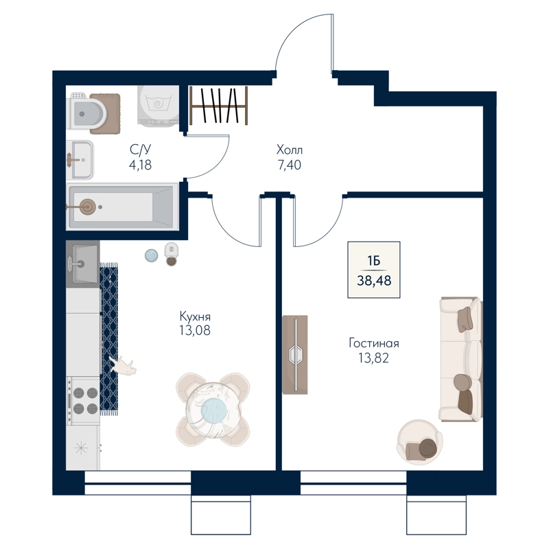 1-комнатная квартира 38.48 м² Бархат