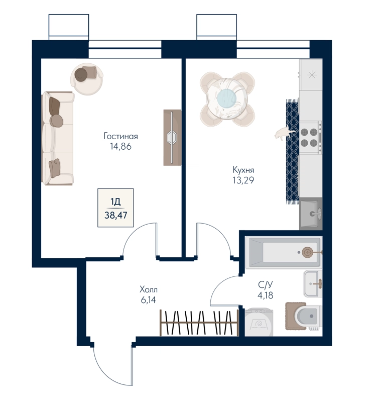 1-комнатная квартира 38.47 м² Бархат