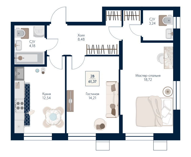 2-комнатная квартира 61.37 м² Бархат