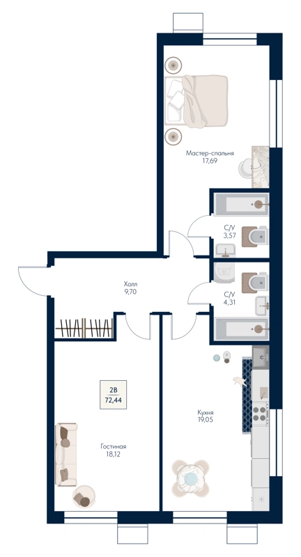 2-комнатная квартира 72.44 м² Бархат