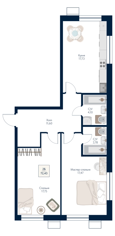 2-комнатная квартира 72.43 м² Бархат