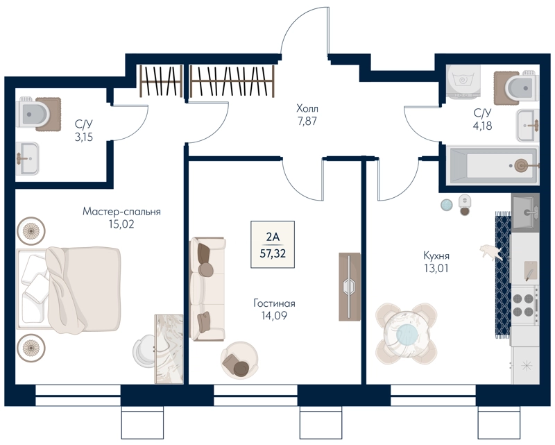 2-комнатная квартира 57.32 м² Бархат