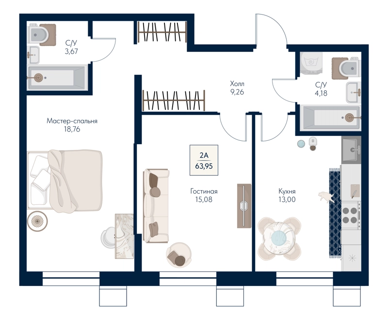 2-комнатная квартира 63.95 м² Бархат