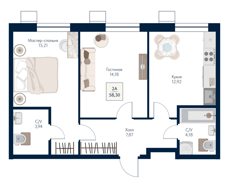 2-комнатная квартира 58.3 м² Бархат